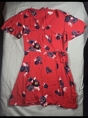Red Floral Wrap Dress with Navy Bloom Print